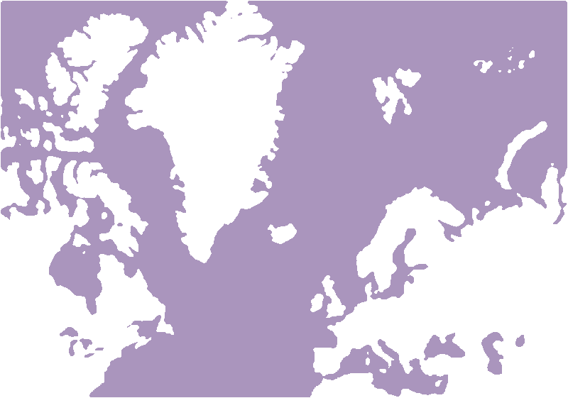 A map of the world using the Mercator projection, centered to show the country of Greenland as disproportionally large.
